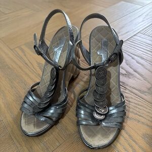 CHANEL Metallic Gray Wedge Sandals